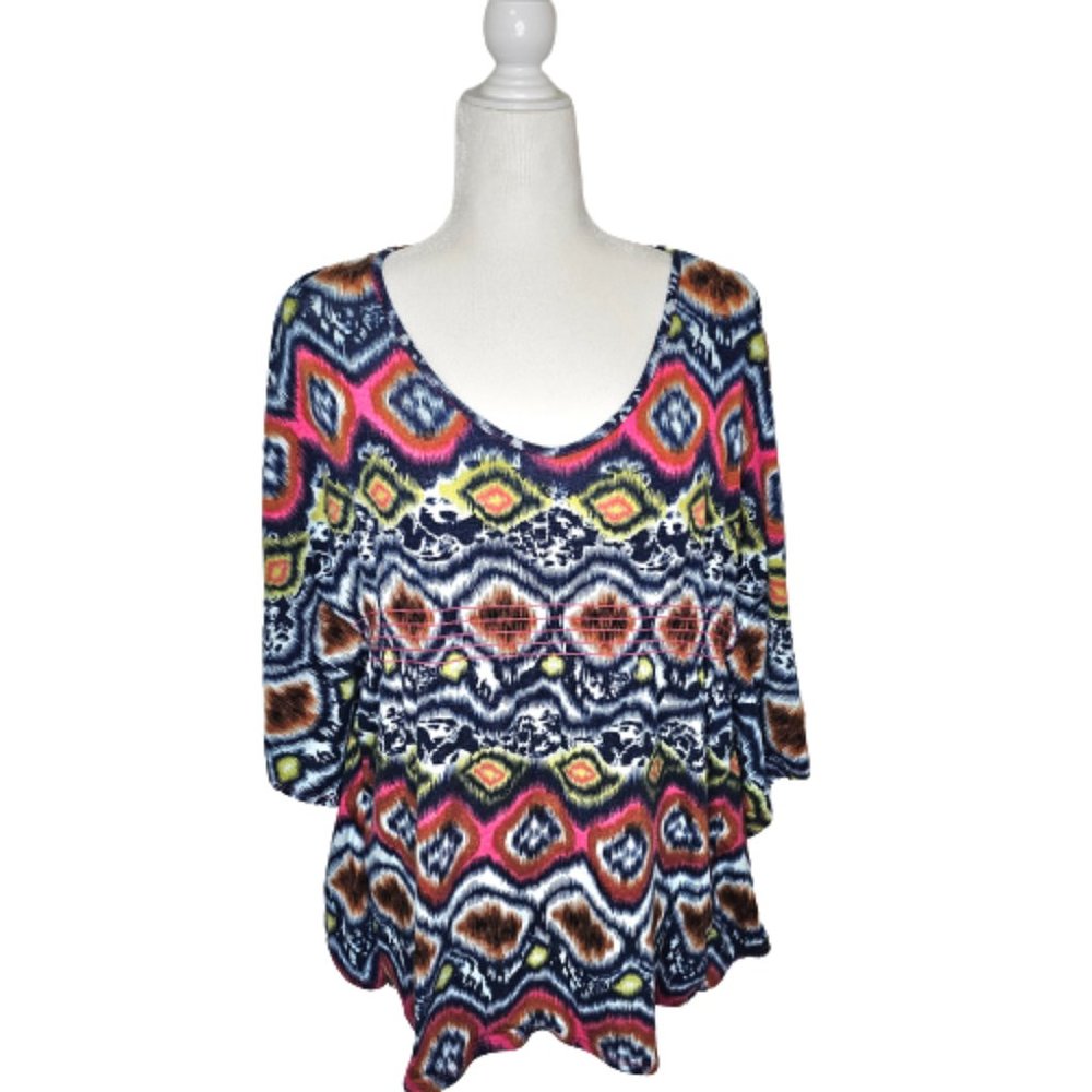 Women's Plus Festival Boho Geometric Butterfly Sleeve Top 1X